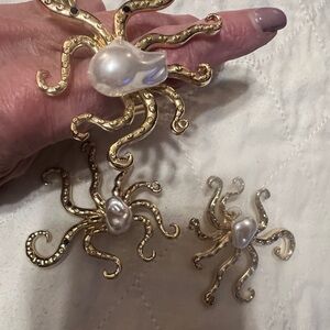Gold Octopus Pearl Earrings & Adjustable Matching Ring